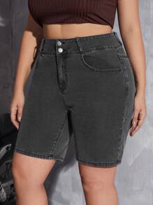 Plus Slant Pocket Denim Shorts - Black - View 4