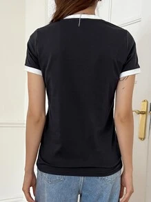 DAZY 字母圖案滾邊T恤 - 黑色 - 查看 2