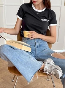 DAZY 字母圖案滾邊T恤 - 黑色 - 查看 5