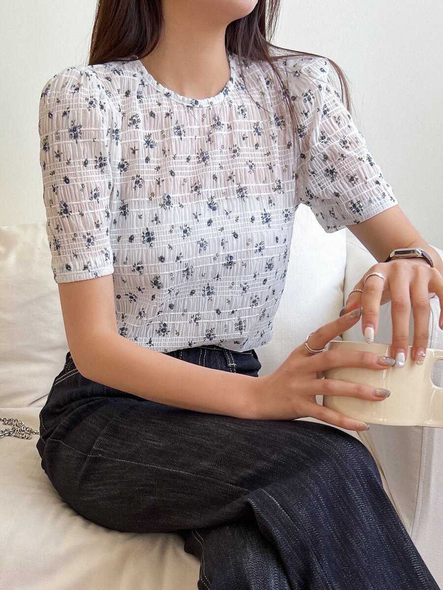 DAZY Áo cánh tay phồng họa tiết hoa nhỏ, trang phục giáo viên - trắng - Xem 1