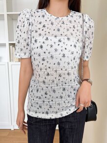 DAZY Áo cánh tay phồng họa tiết hoa nhỏ, trang phục giáo viên - trắng - Xem 4