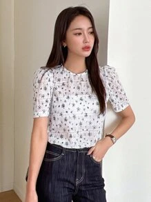 DAZY Áo cánh tay phồng họa tiết hoa nhỏ, trang phục giáo viên - trắng - Xem 5