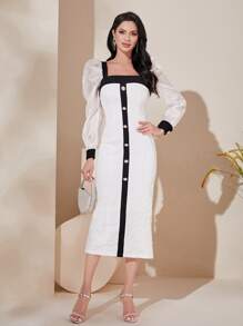 Modelyn Contrast Panel Square Neck Puff Sleeve Button Front Dress - White - View 3