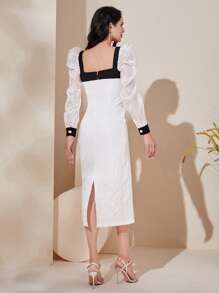 Modelyn Contrast Panel Square Neck Puff Sleeve Button Front Dress - White - View 2