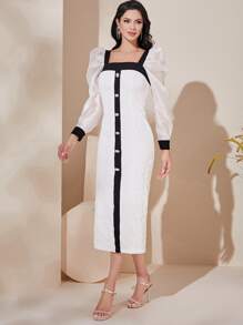 Modelyn Contrast Panel Square Neck Puff Sleeve Button Front Dress - White - View 4