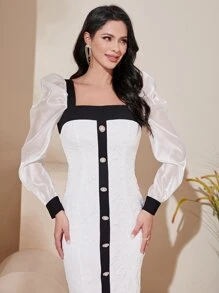 Modelyn Contrast Panel Square Neck Puff Sleeve Button Front Dress - White - View 5