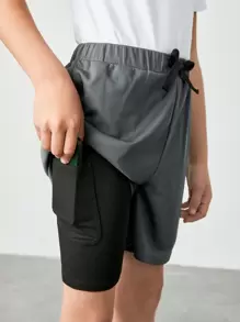 SHEIN Quần Short Trai Dây kéo Thắt nút Túi màu trơn Giải trí - Xám - Xem 1