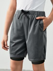 SHEIN Quần Short Trai Dây kéo Thắt nút Túi màu trơn Giải trí - Xám - Xem 2