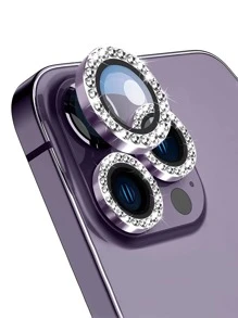 Protector de lente con decoración de diamantes de imitación de 3 piezas compatible con iPhone15/15Plus/15Pro/15Promax - Morado - Ver 2
