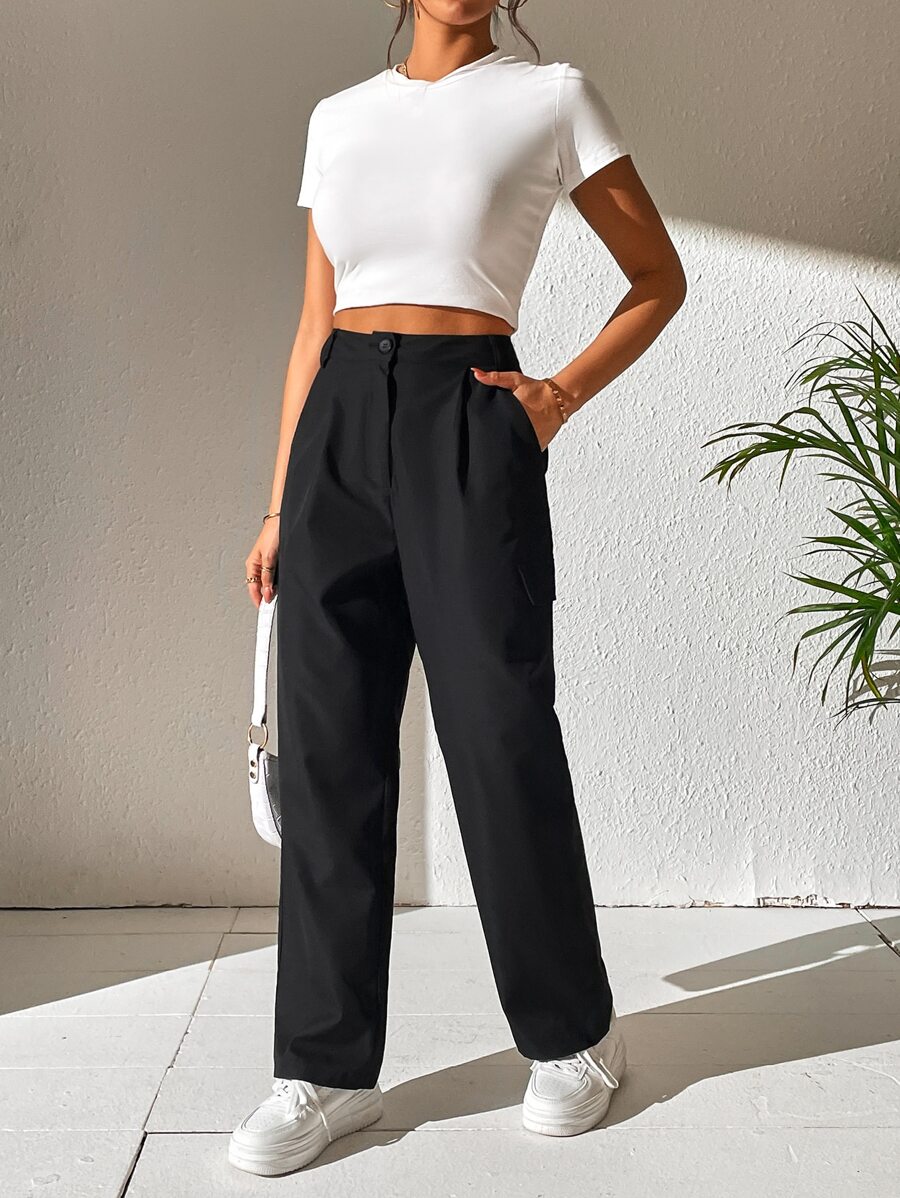 SHEIN Unity Solid Slant Pocket Plicated Detail Straight Leg Trousers - Black - View 1
