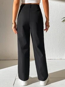 SHEIN Unity Solid Slant Pocket Plicated Detail Straight Leg Trousers - Black - View 2