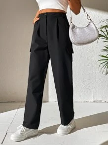SHEIN Unity Solid Slant Pocket Plicated Detail Straight Leg Trousers - Black - View 3