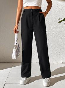 SHEIN Unity Solid Slant Pocket Plicated Detail Straight Leg Trousers - Black - View 5