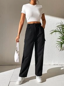 SHEIN Unity Solid Slant Pocket Plicated Detail Straight Leg Trousers - Black - View 6