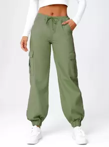 Drawstring Waist Flap Pocket Cargo Jeans - Army Green - View 1