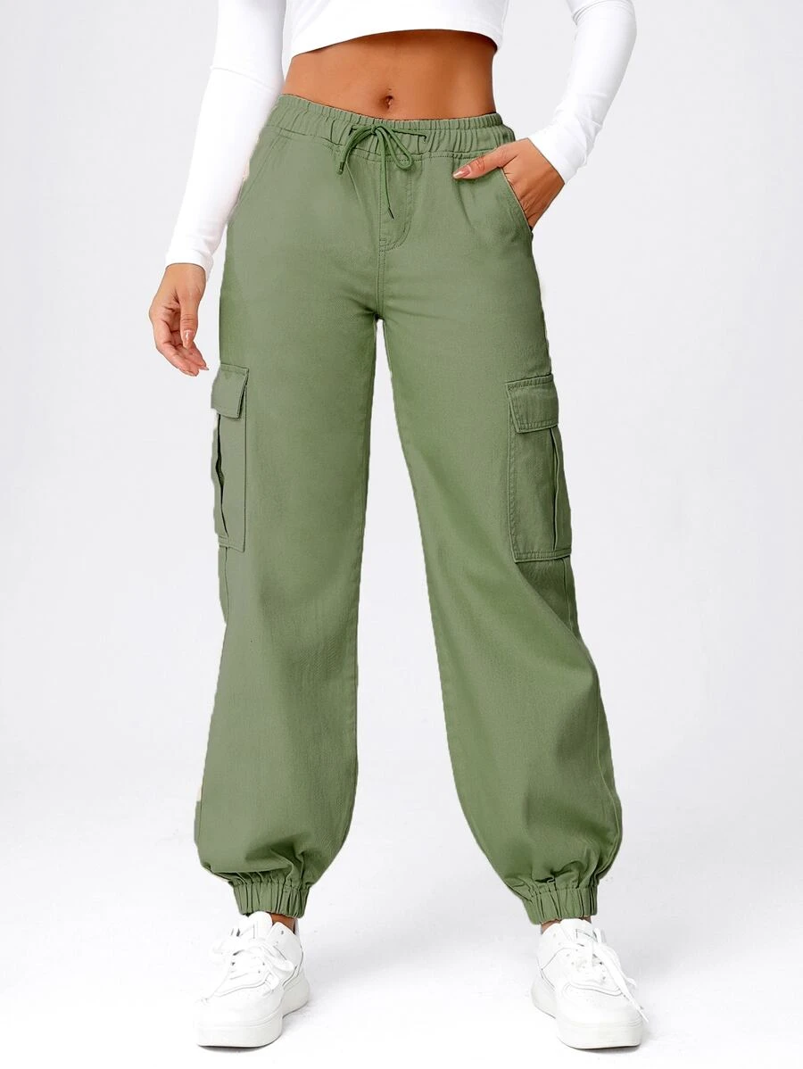 Drawstring Waist Flap Pocket Cargo Jeans - Army Green - View 1