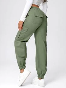 Drawstring Waist Flap Pocket Cargo Jeans - Army Green - View 2