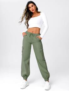 Drawstring Waist Flap Pocket Cargo Jeans - Army Green - View 3