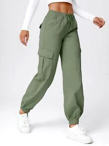 Drawstring Waist Flap Pocket Cargo Jeans - Army Green - View 4