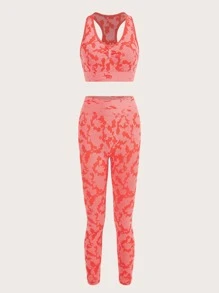 Camo Print Racer Back Wide Waistband Sports Set - Burnt Orange - View 7