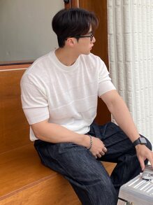 DAZY Men Solid Round Neck Knit Top - White - View 7