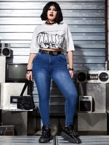 SHEIN Plus Washed Skinny Jeans Without Belt - Dark Wash - View 5