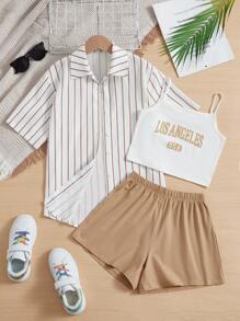 SHEIN 女孩條紋印花襯衫和短褲和吊帶上衣