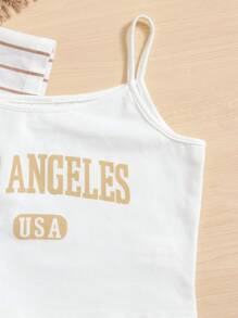 SHEIN 女孩條紋印花襯衫和短褲和吊帶上衣