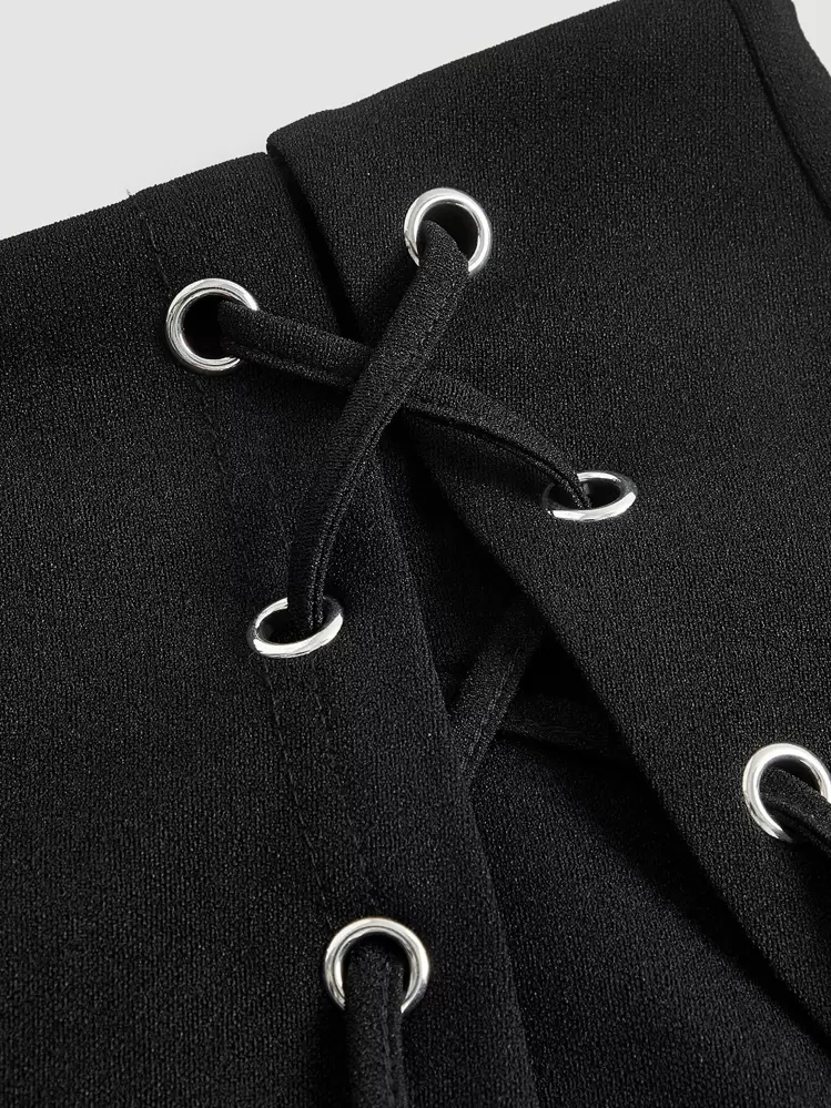 SHEIN MOD Black Date Night Crossed Frenulum Lace Up Side Short - Black - View 3