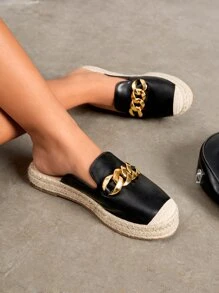 Styleloop Zapatos de mujer de moda Zuecos tipo alpargata con decoración de cadena negra para el verano, rebajas de verano, vuelta al colegio, calzado universitario, zapatos con estilo bohemio y vintage francés para Navidad, Año Nuevo y otoño.