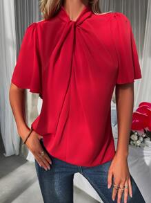 SHEIN Privé Solid Twist Front Butterfly Sleeve Blouse - Red - View 3