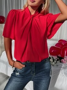 SHEIN Privé Solid Twist Front Butterfly Sleeve Blouse - Red - View 6