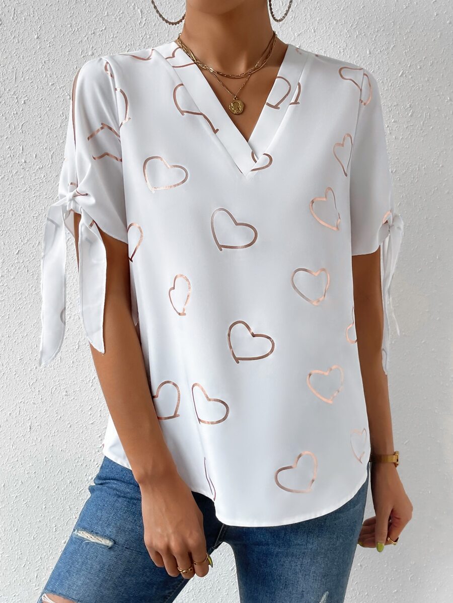 SHEIN Privé Heart Print Knot Cuff Blouse - White - View 1