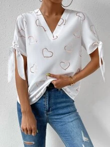 SHEIN Privé Heart Print Knot Cuff Blouse - White - View 4