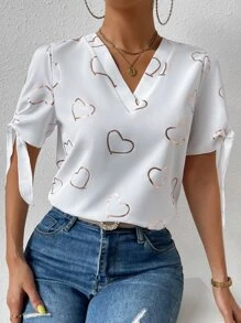 SHEIN Privé Heart Print Knot Cuff Blouse - White - View 5