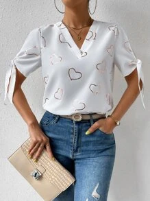SHEIN Privé Heart Print Knot Cuff Blouse - White - View 6