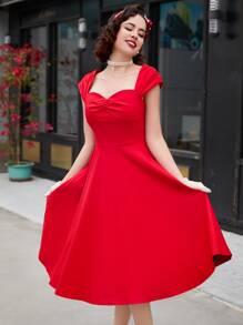 MUXXN Sweetheart Neck Ruched Front Dress Vintage Dress - Red - View 3