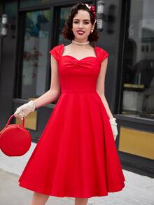 MUXXN Sweetheart Neck Ruched Front Dress Vintage Dress - Red - View 4