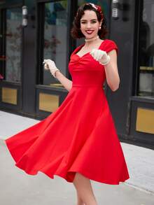 MUXXN Sweetheart Neck Ruched Front Dress Vintage Dress - Red - View 5
