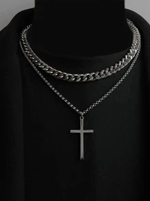 Cross Charm Layered Necklace - Silver - View 1