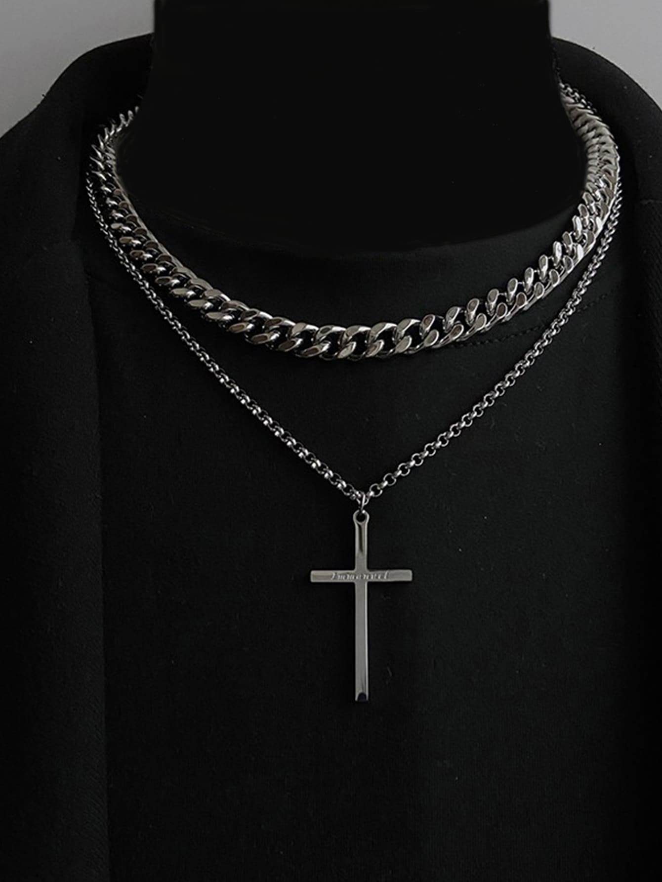 Cross Charm Layered Necklace - Silver - View 1