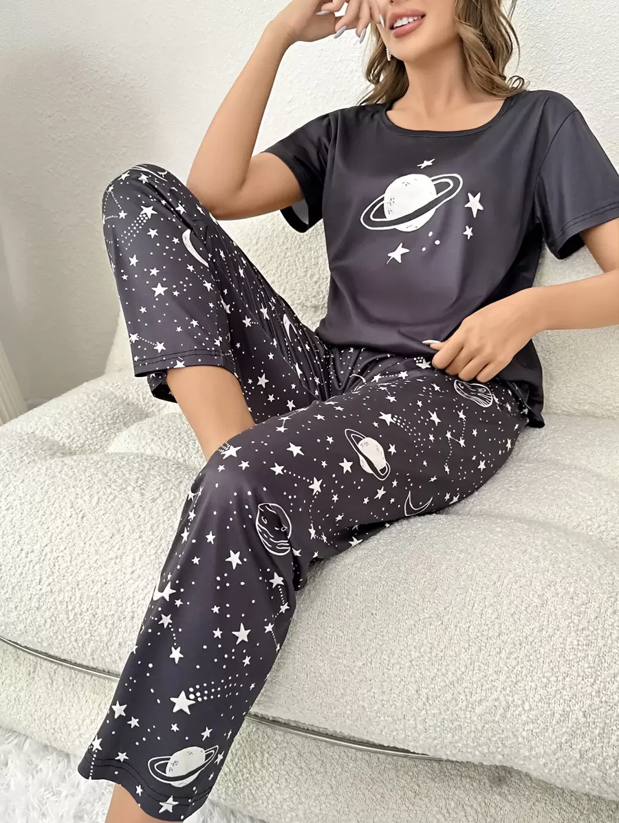 Galaxy Print Tee & Trousers PJ Set - Multicolor - View 1