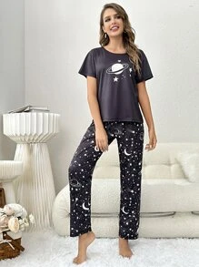 Galaxy Print Tee & Trousers PJ Set - Multicolor - View 3