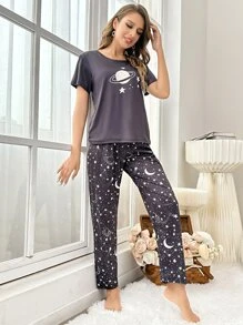 Galaxy Print Tee & Trousers PJ Set - Multicolor - View 4