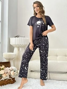 Galaxy Print Tee & Trousers PJ Set - Multicolor - View 5