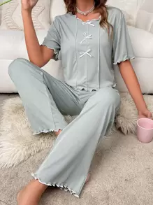 Bộ đồ giản dị Nữ Gân đan Xù nhỏ màu trơn Giải trí - Màu xanh Bạc hà - Xem 1