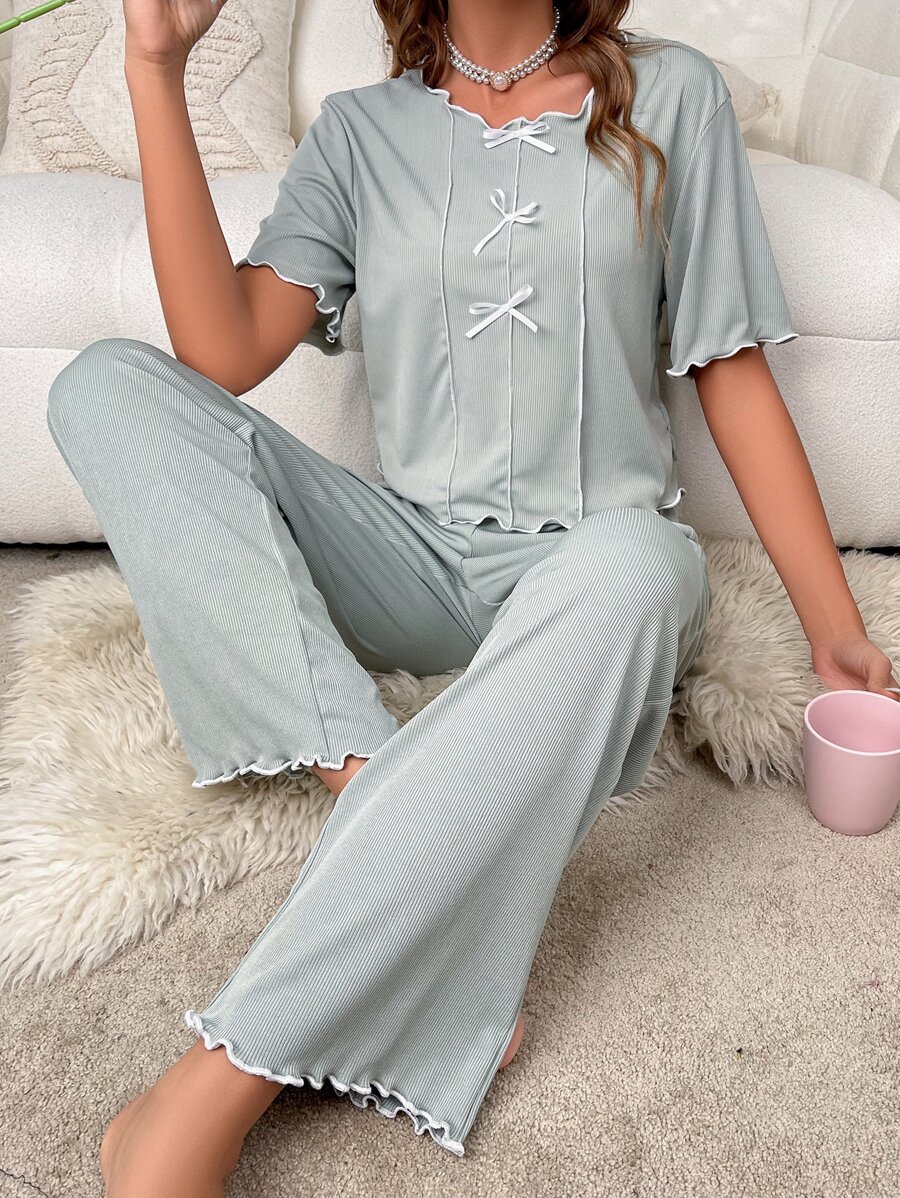 Bộ đồ giản dị Nữ Gân đan Xù nhỏ màu trơn Giải trí - Màu xanh Bạc hà - Xem 1