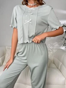 Bộ đồ giản dị Nữ Gân đan Xù nhỏ màu trơn Giải trí - Màu xanh Bạc hà - Xem 4