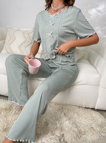 Bộ đồ giản dị Nữ Gân đan Xù nhỏ màu trơn Giải trí - Màu xanh Bạc hà - Xem 6