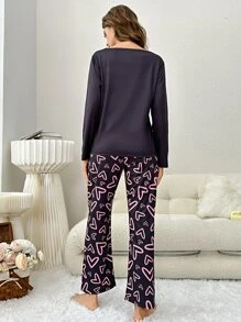 Heart Print Tee & Trousers PJ Set - Black - View 2